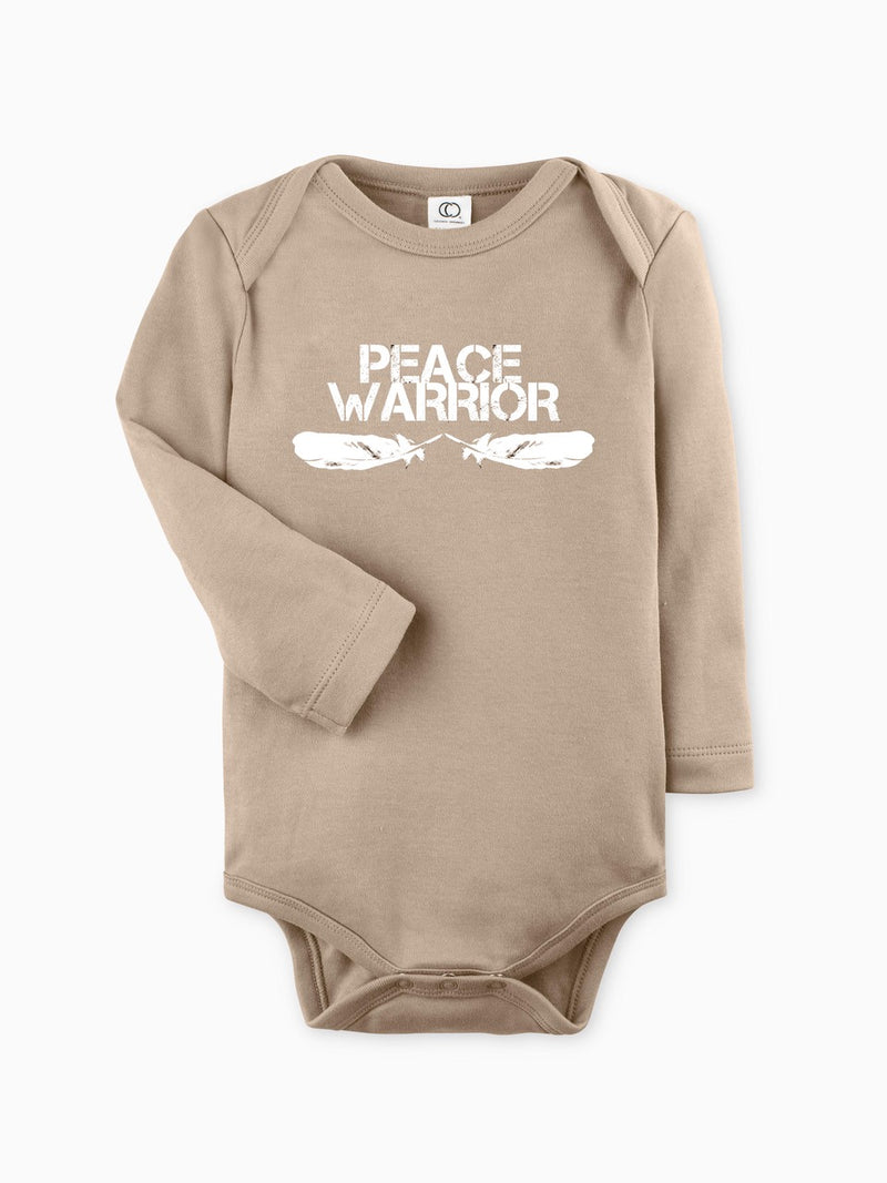 'PEACE WARRIOR' - Organic Long-Sleeve Baby Bodysuit - Truffle