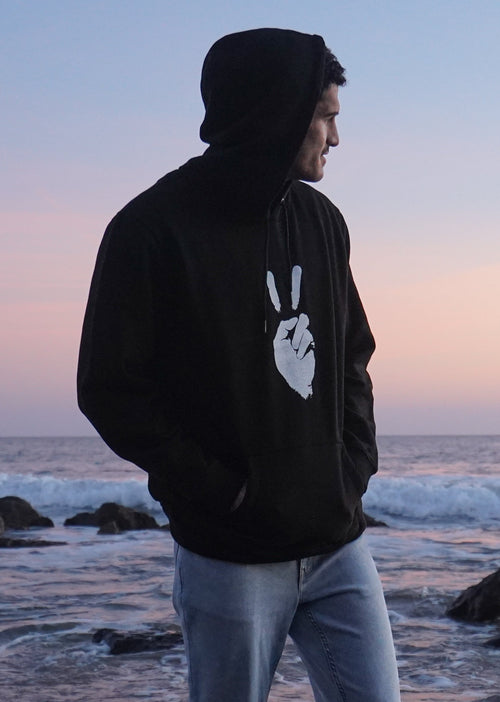 'PEACE SIGN' - Heavyweight Cotton Fleece - Hooded Sweatshirt - Black