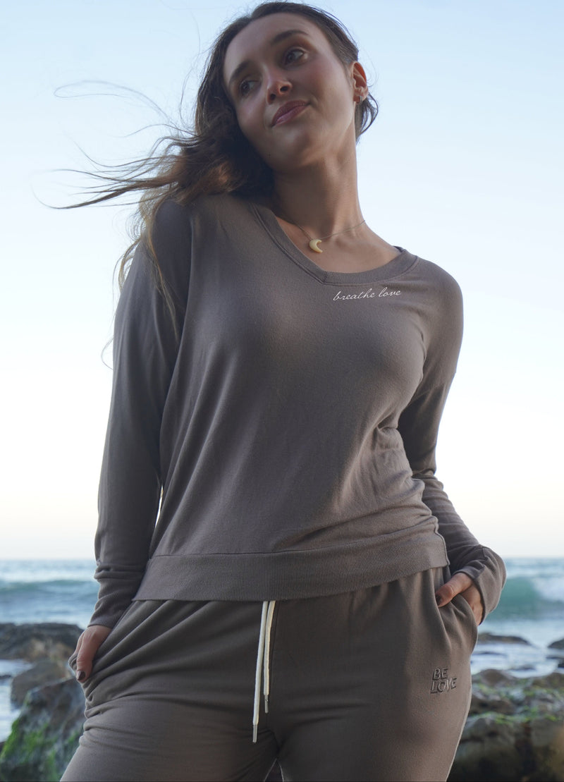 'Breathe Love' Ultra Soft V-Neck - Mushroom