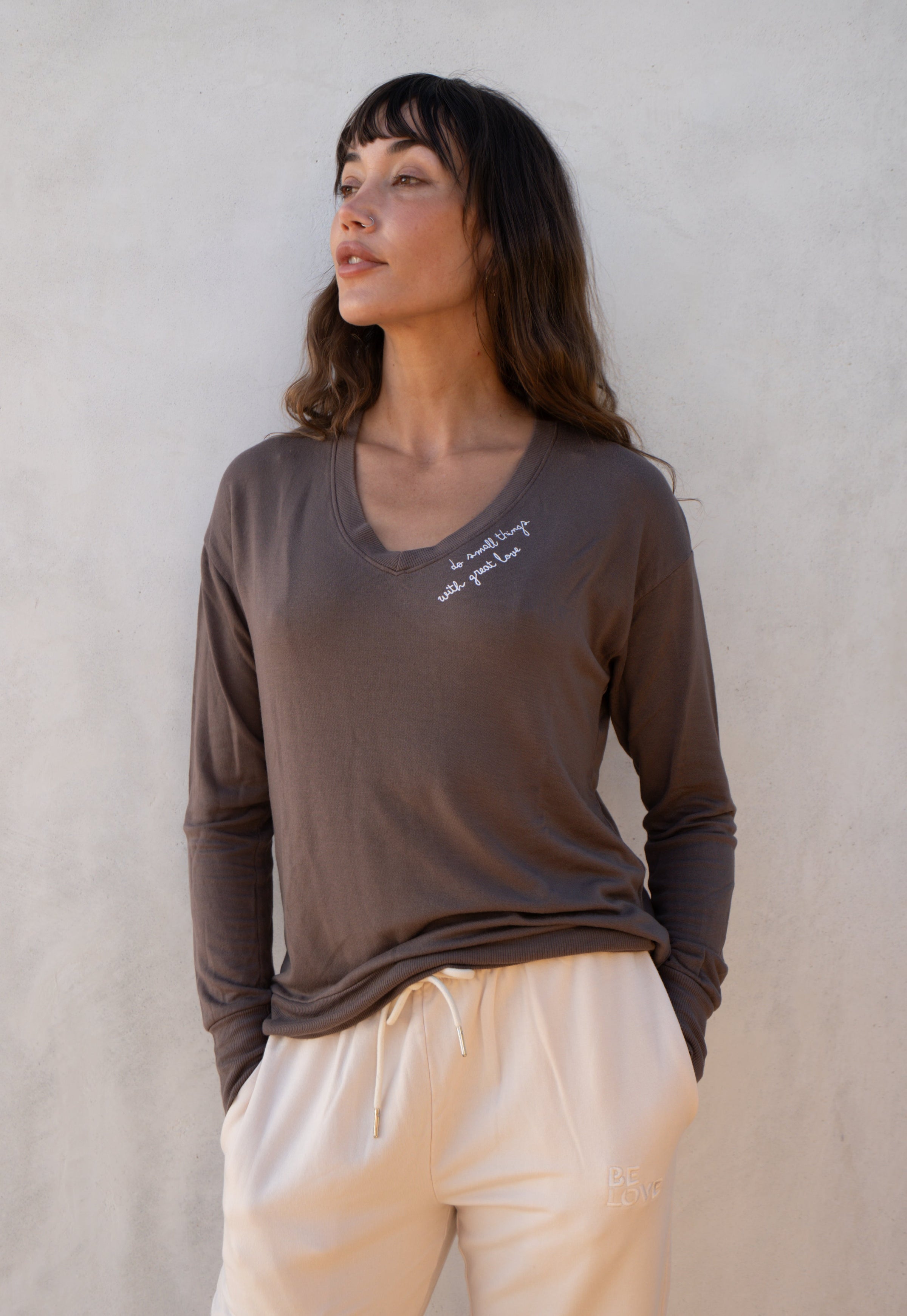 'Do Small Things with Great Love' Ultra Soft V-Neck - Mushroom