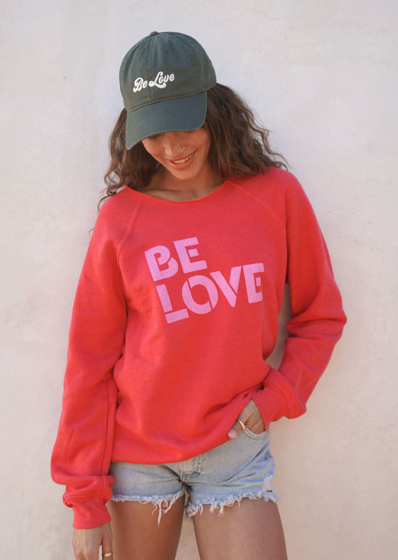 'Be Love' Oversized Off the Shoulder Sweatshirt - Coral