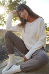 'Do Small Things with Great Love' - Off the Shoulder Fleece Sweatshirt - Cream