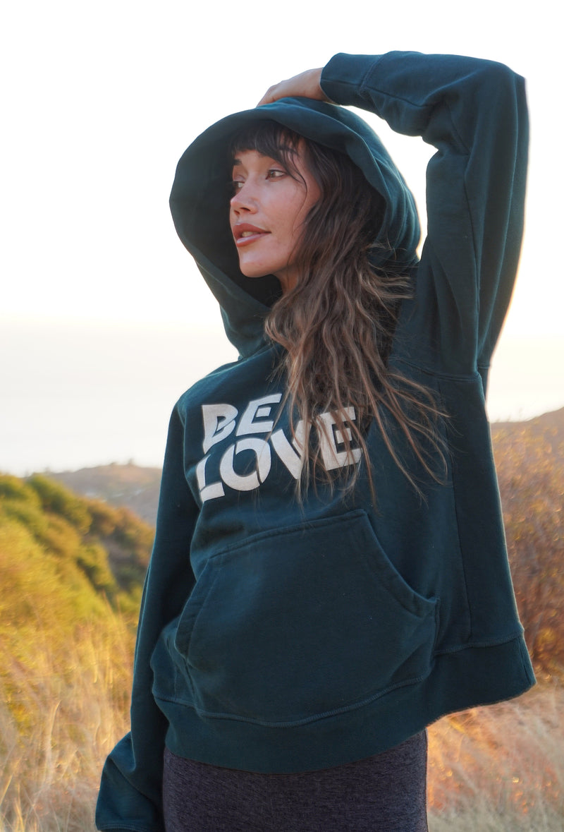 'BE LOVE' Organic Cotton Unisex Fit French Terry Hoodie - Emerald Green