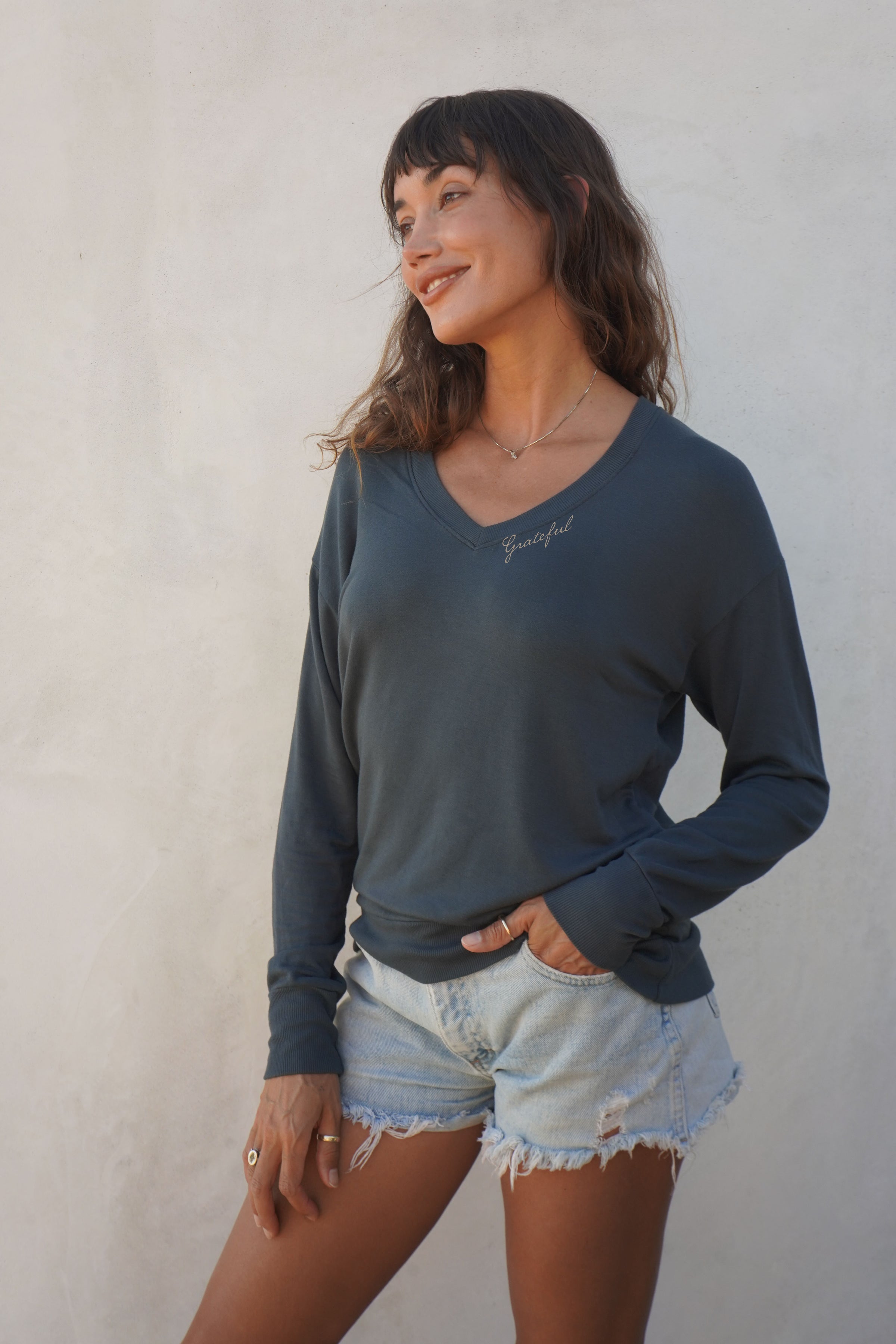 'Grateful' Ultra-Soft V-Neck Pullover - Deep  Sea