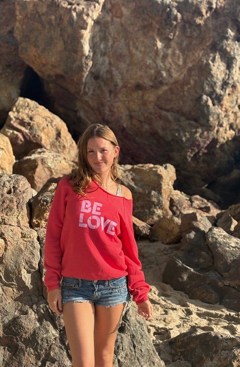 'Be Love' Oversized Off the Shoulder Sweatshirt - Coral