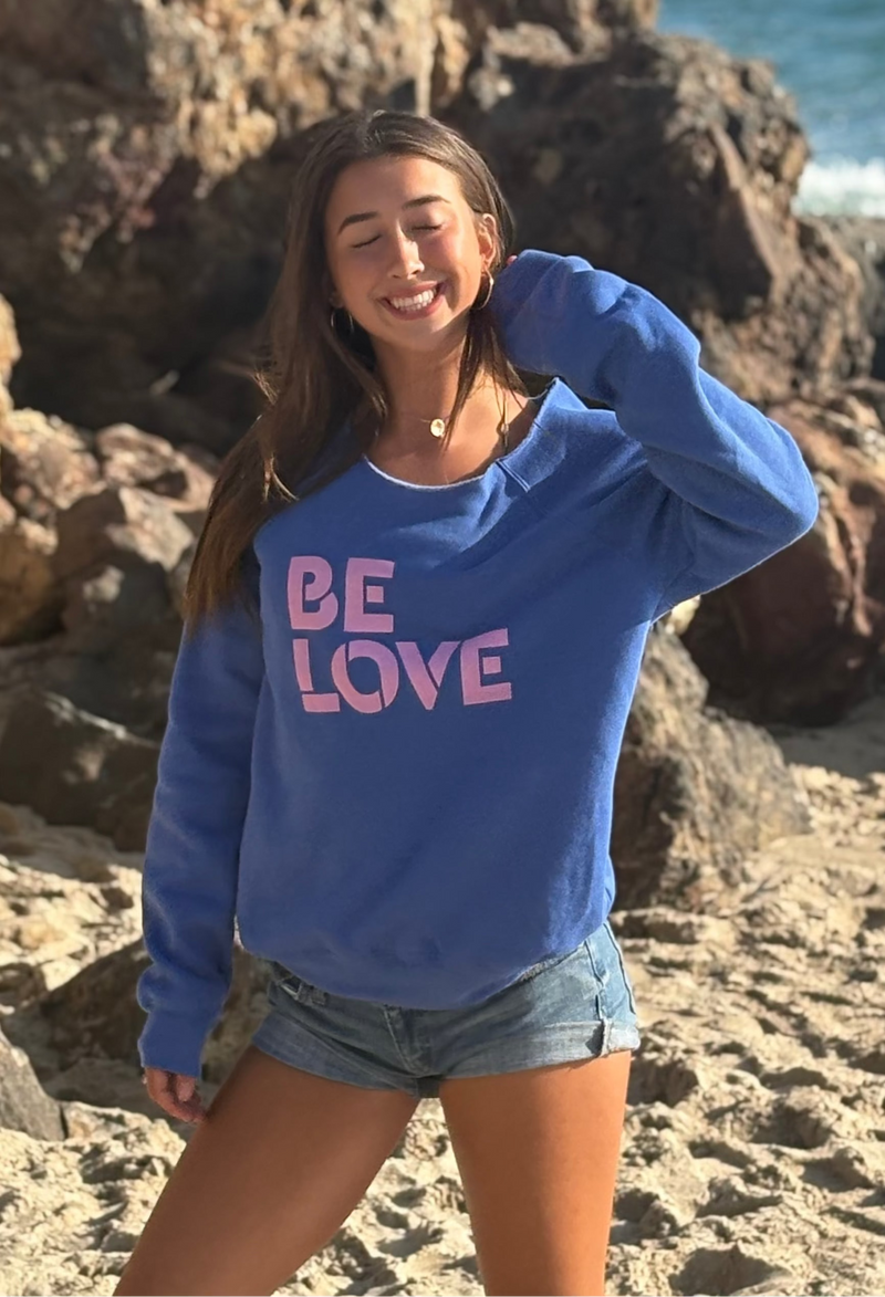 'Be Love' Oversized Off the Shoulder Sweatshirt - Periwinkle Blue