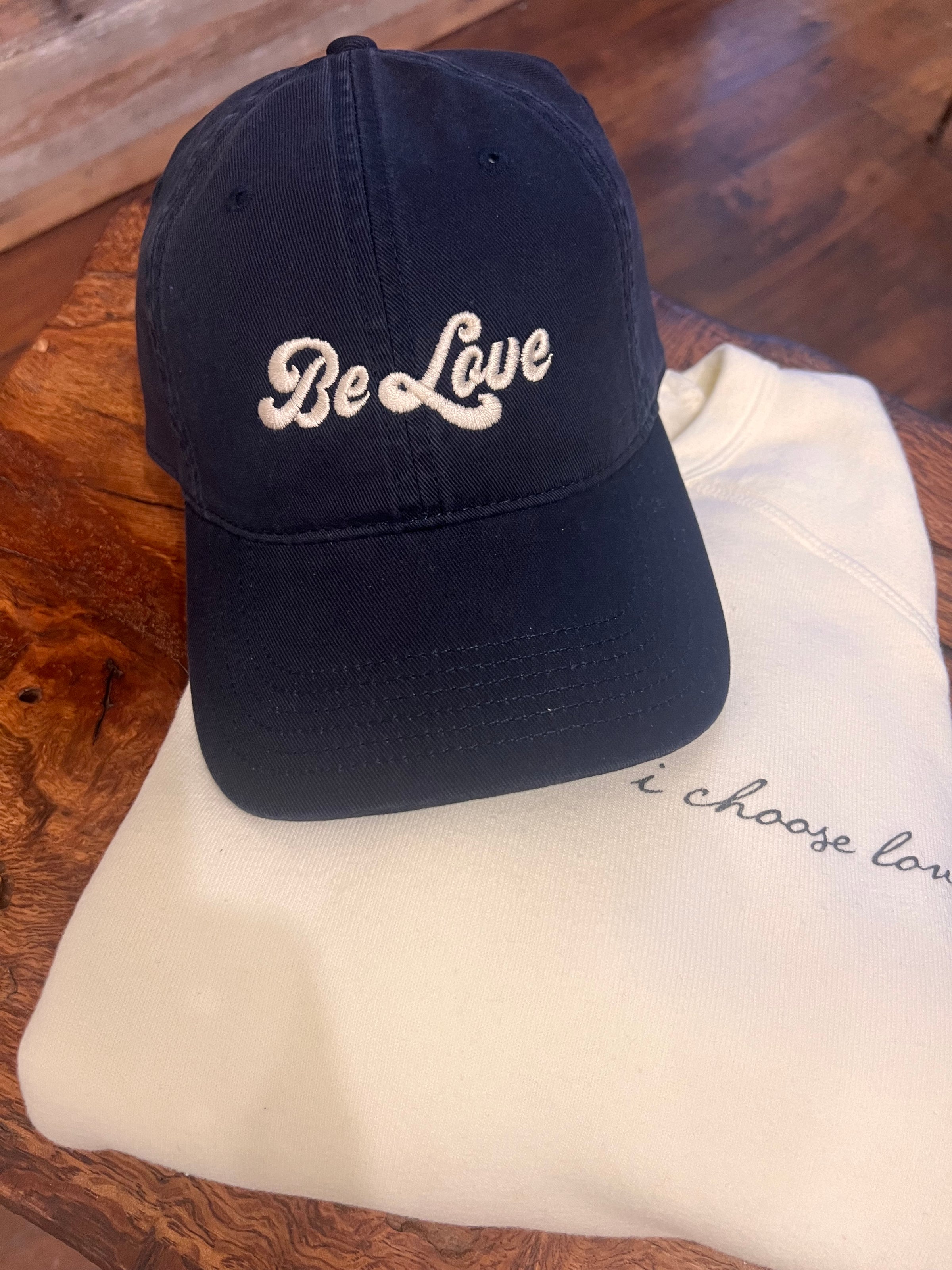 BE LOVE seventies font - Dad hat - Midnight blue with white embroidery