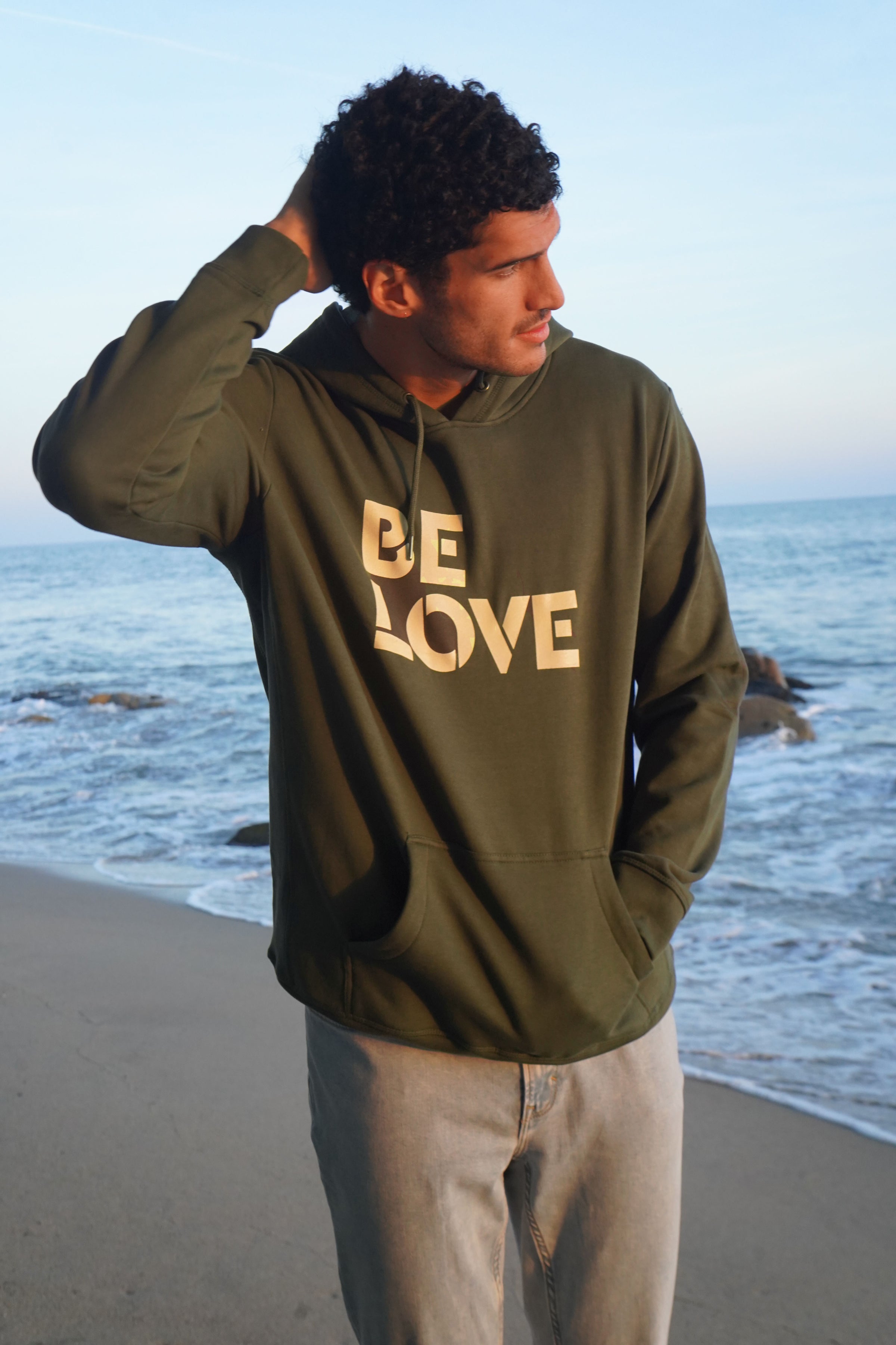 'BE LOVE' Heavyweight Cotton Fleece - Hooded Sweatshirt - Ivy