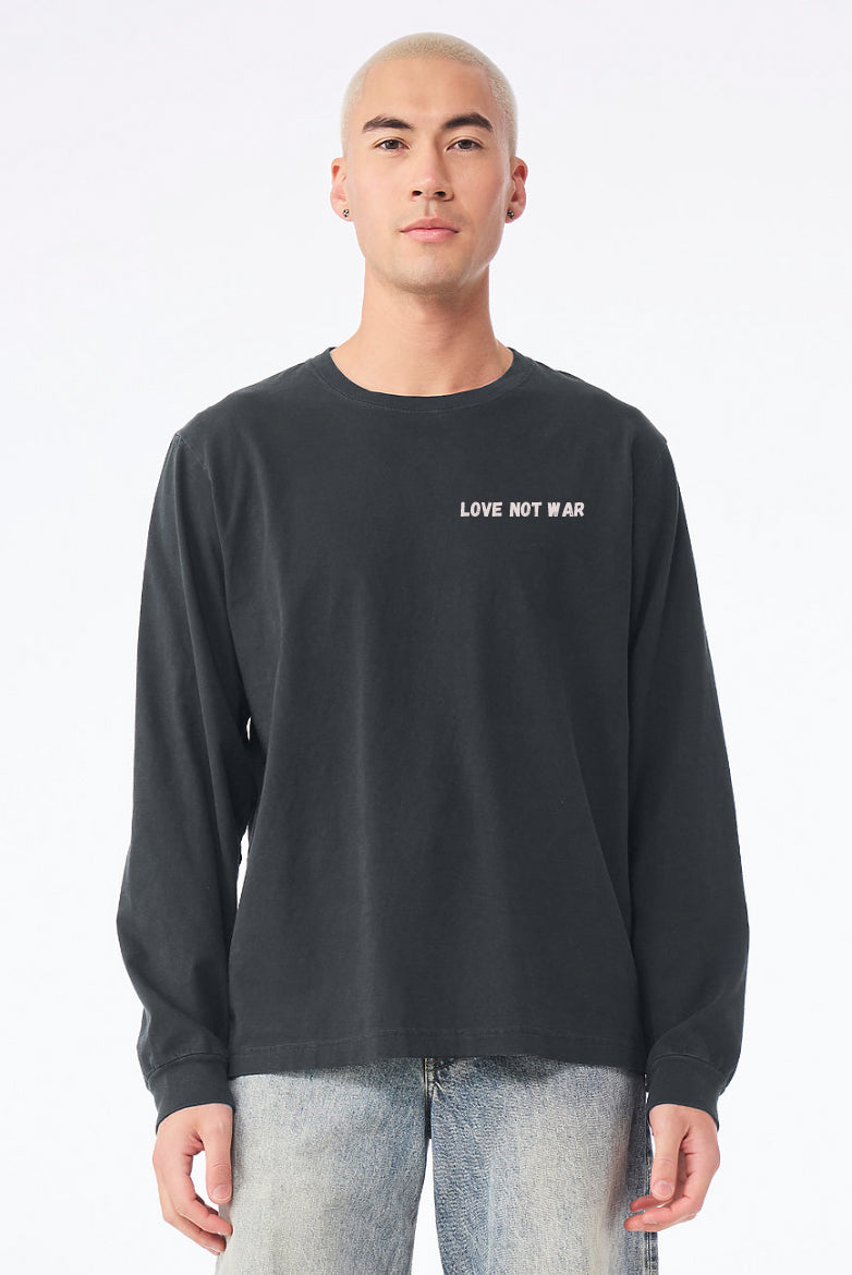 'Love Not War' (small graphic) 100% Ring Spun Cotton Long Sleeve T-Shirt - Washed Black