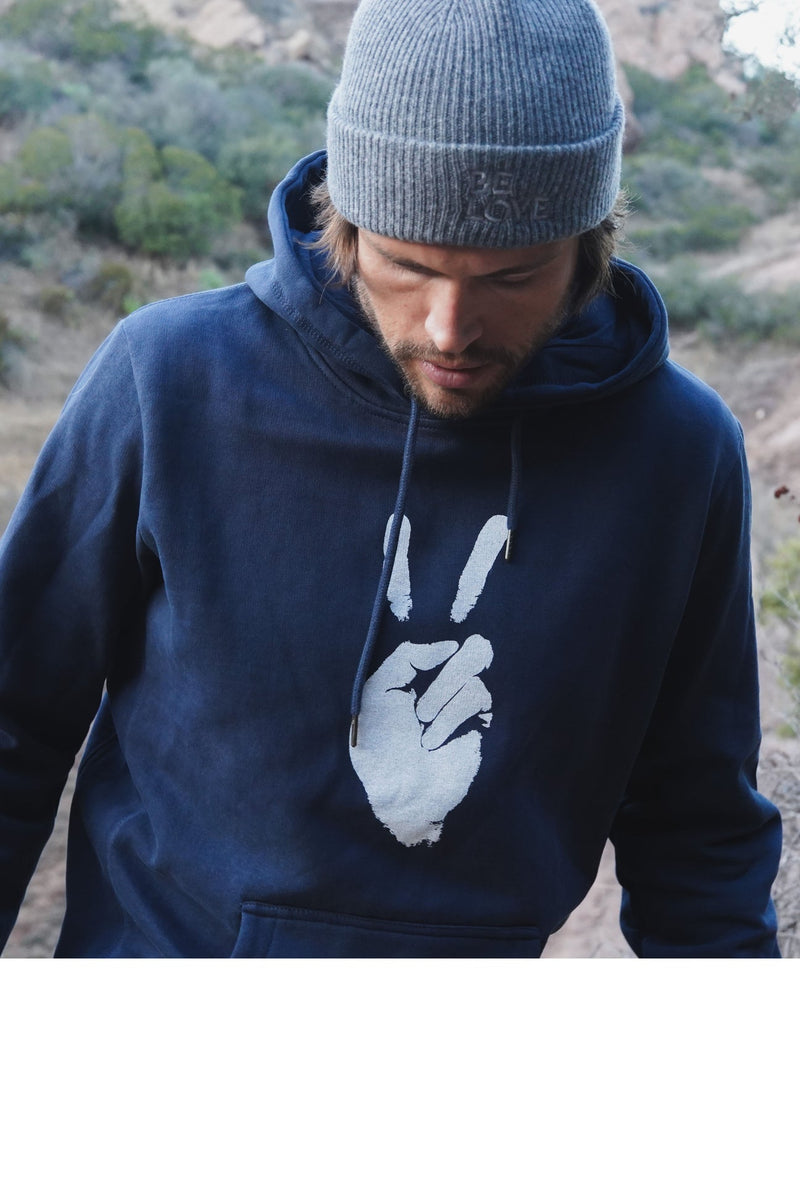 'PEACE SIGN' - HEAVYWEIGHT COTTON FLEECE - HOODED SWEATSHIRT - OCEAN BLUE