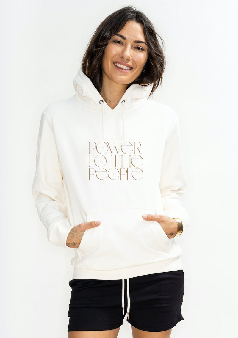 'Power to the People' Organic Cotton Fleece Pullover Hoodie - Cream