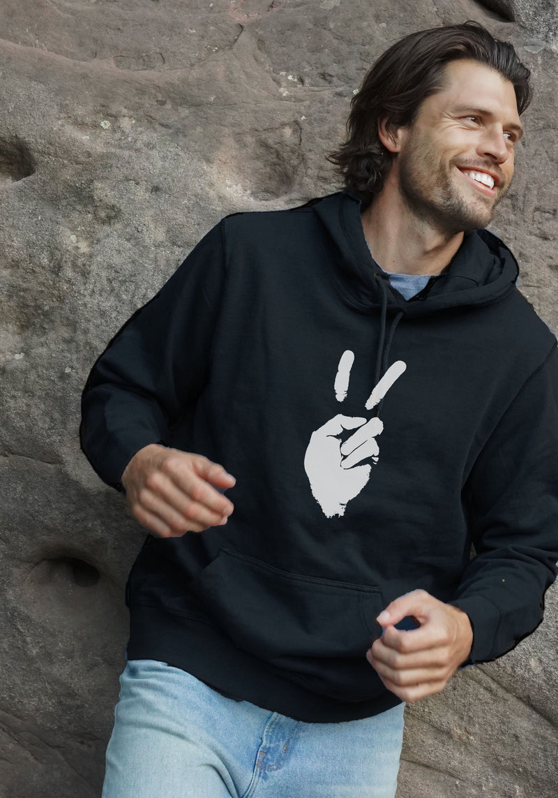 'PEACE SIGN' - HEAVYWEIGHT COTTON FLEECE - HOODED SWEATSHIRT - BLACK