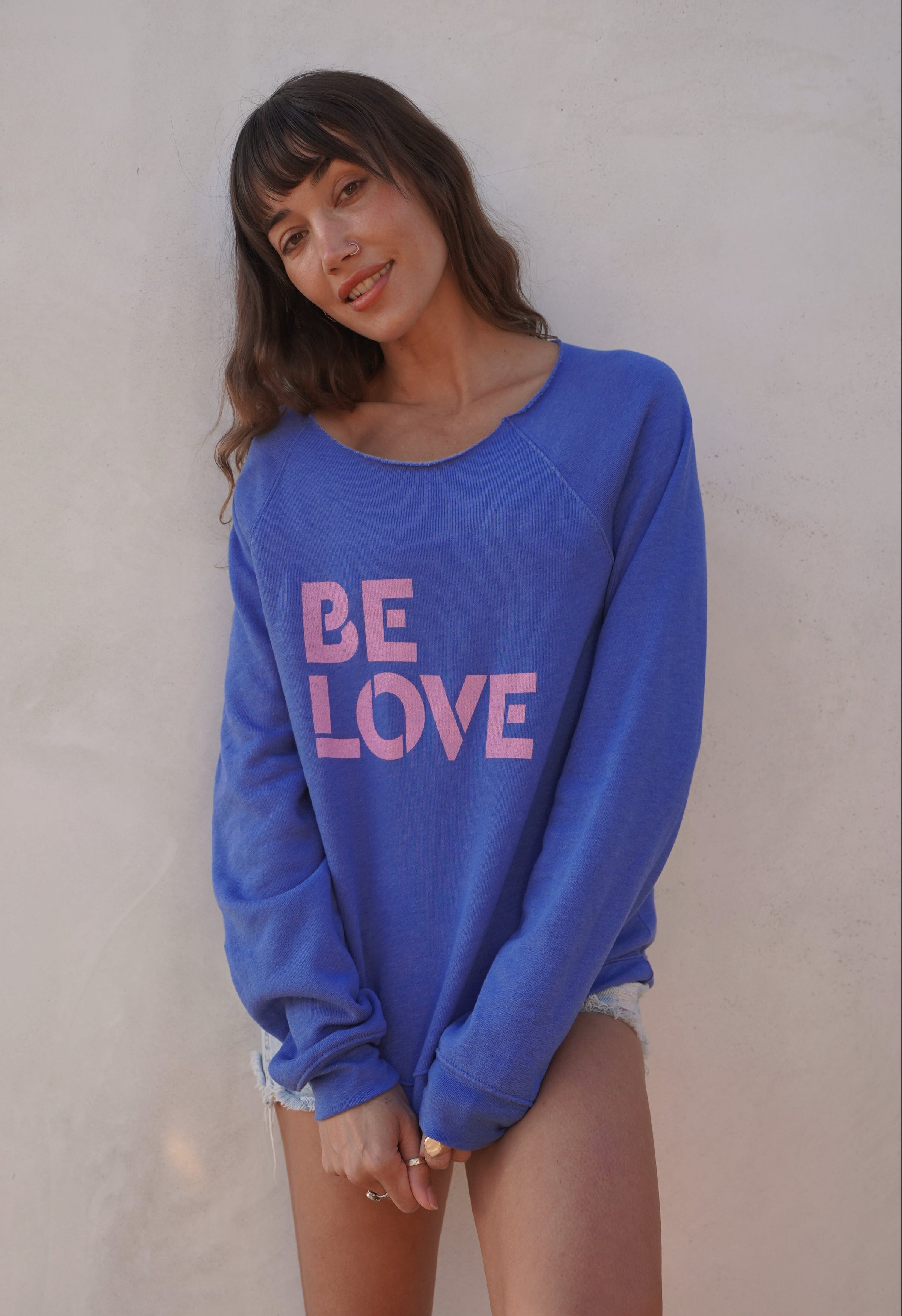 'Be Love' Oversized Off the Shoulder Sweatshirt - Periwinkle Blue