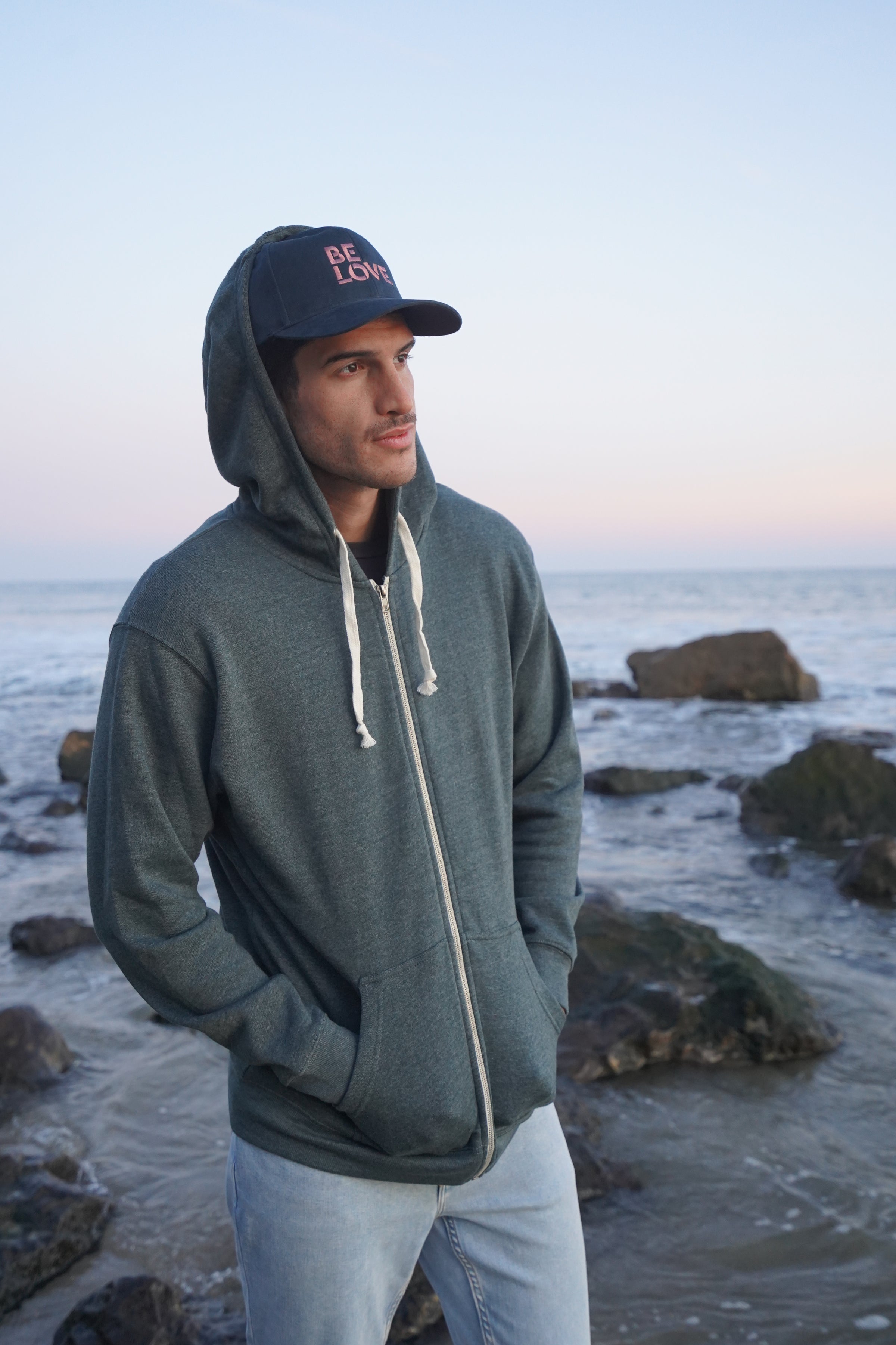 'BE LOVE' Zip Up UNISEX Fit Hoodie - Pine