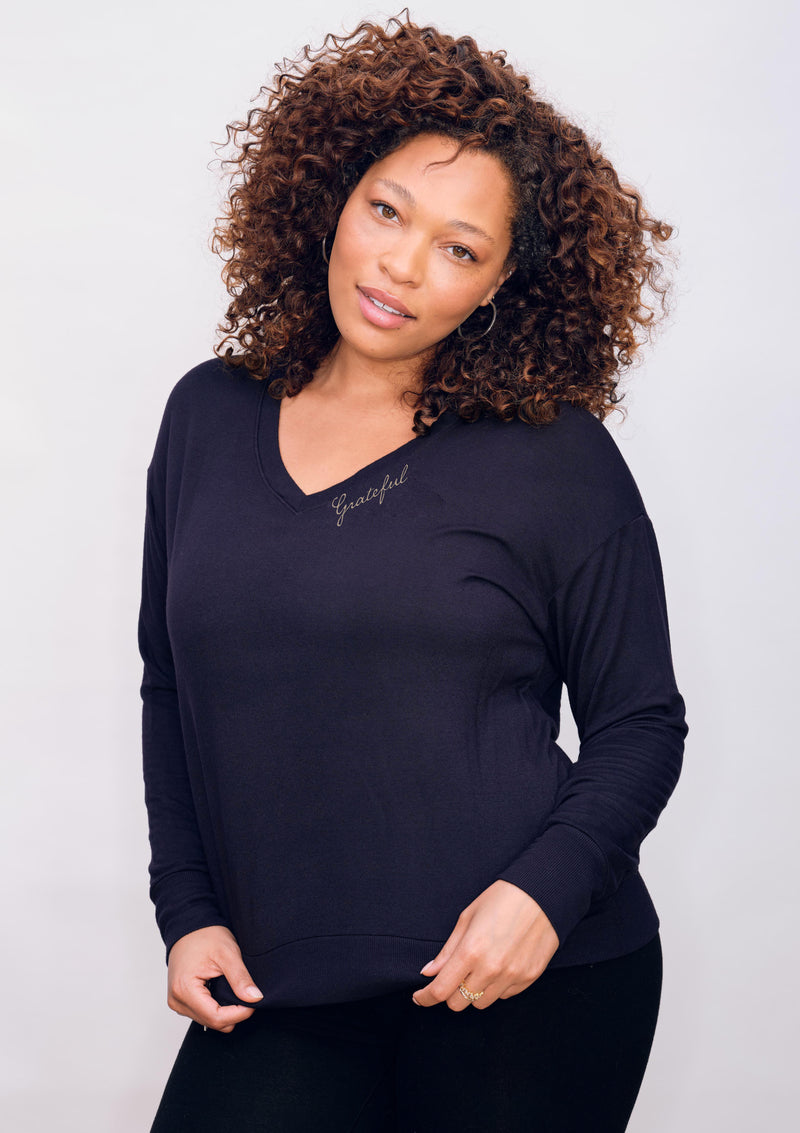 'Grateful' Ultra-Soft V-Neck Pullover - Black