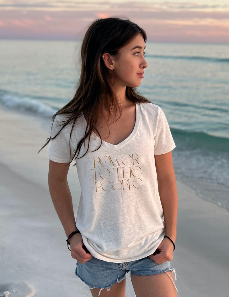 'Power To The People' - V-Neck tee - Natural