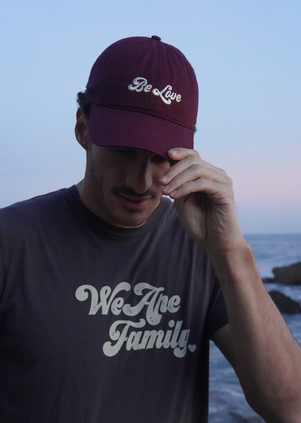 BE LOVE seventies font - Dad hat - Burgandy with white embroidery