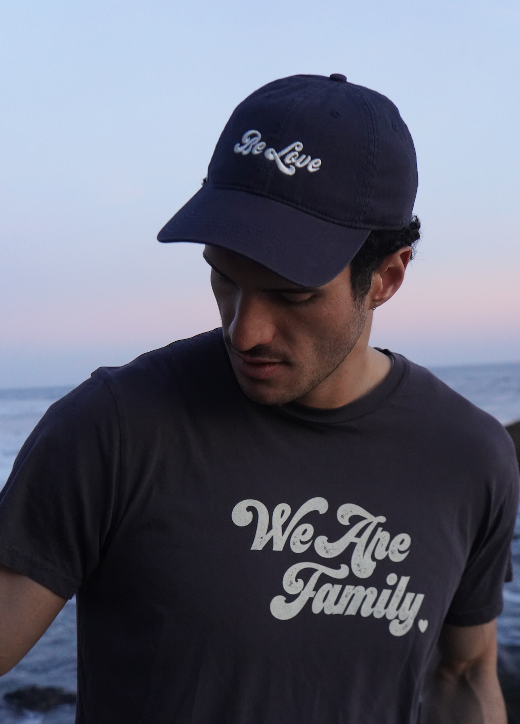 BE LOVE seventies font - Dad hat - Midnight blue with white embroidery