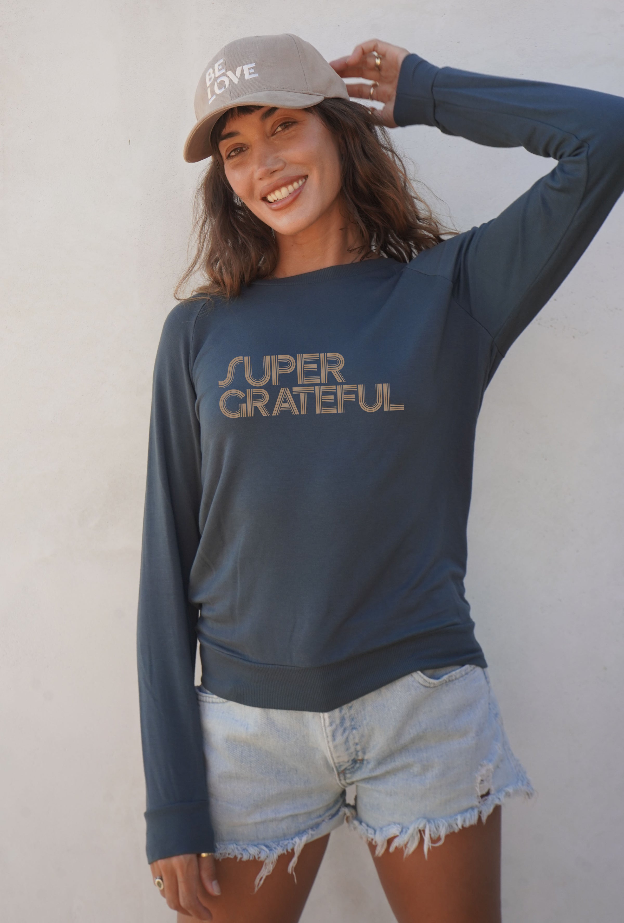 'Super Grateful'  Ultra-Soft Raglan Pullover - Deep Sea