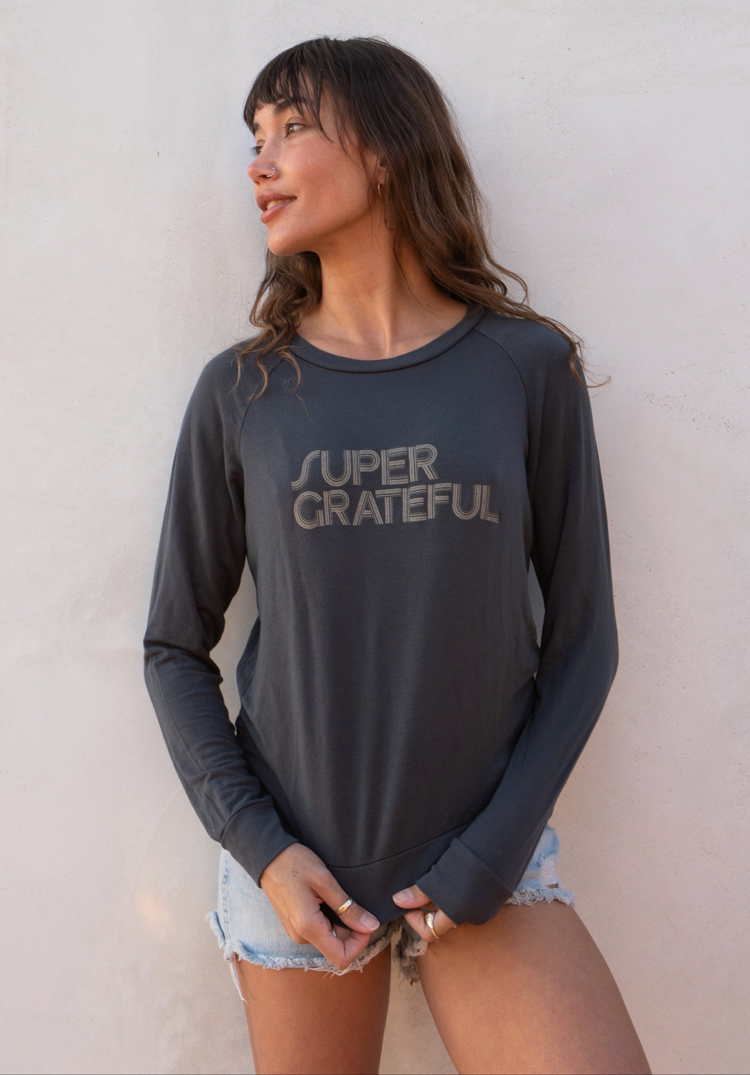 'Super Grateful'  Ultra-Soft Raglan Pullover - Deep Sea
