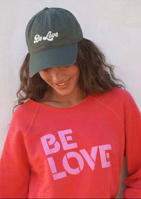 BE LOVE seventies font - Dad hat - Olive Green with white embroidery