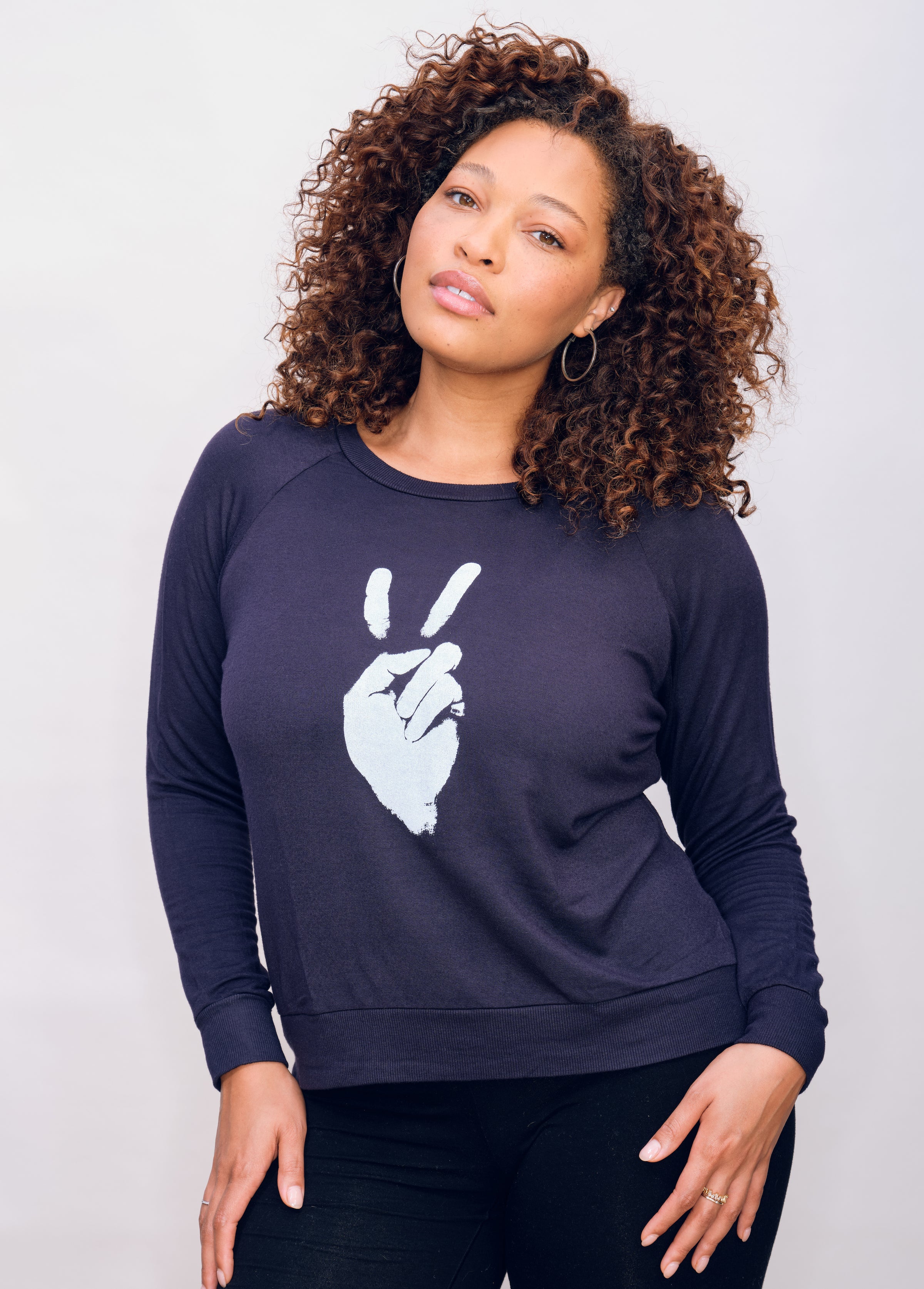 'Peace Sign' Ultra-Soft Raglan Pullover - Navy Black