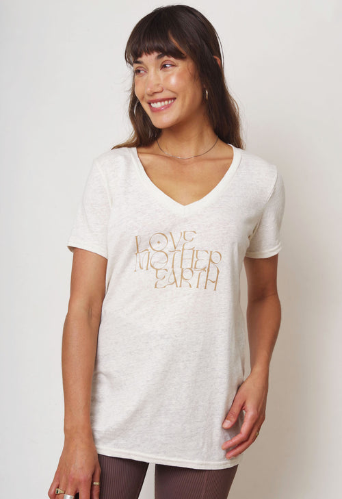 'Love Mother Earth'  V Neck Tee - Natural
