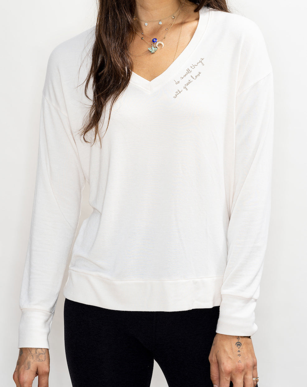'Do Small Things With Great Love' Ultra-Soft V-Neck Pullover - Cream