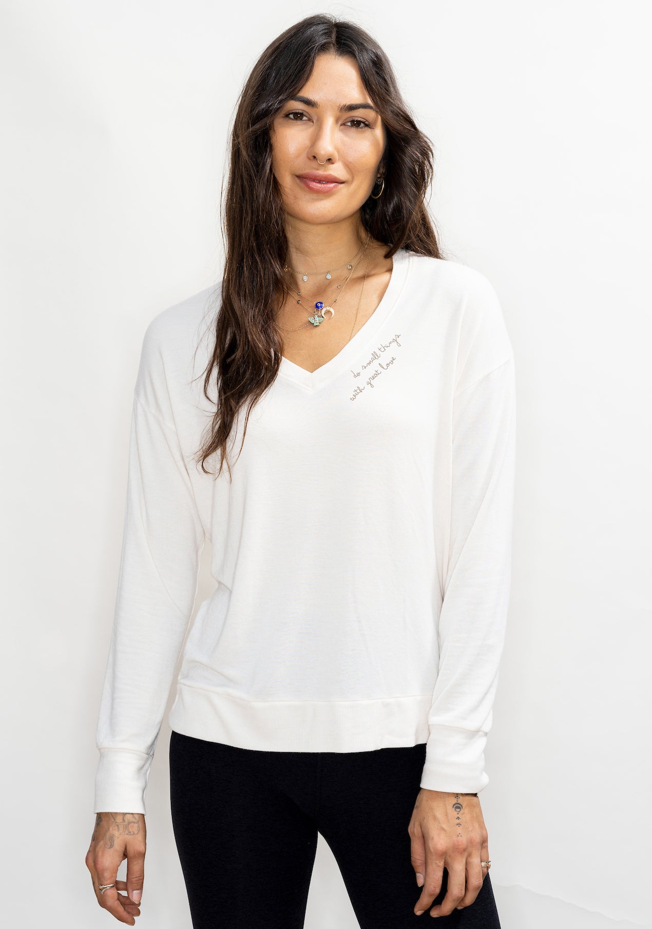 'Do Small Things With Great Love' Ultra-Soft V-Neck Pullover - Cream