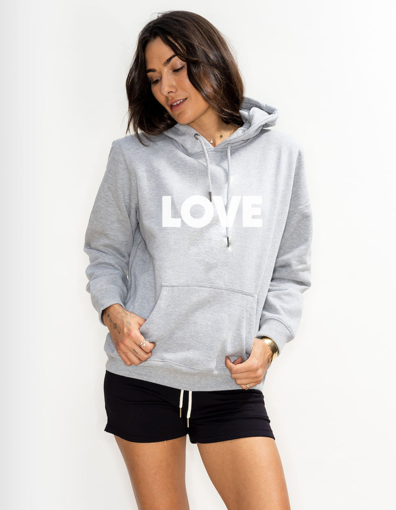 'LOVE' Organic Cotton Fleece Pullover Hoodie - Athletic Grey