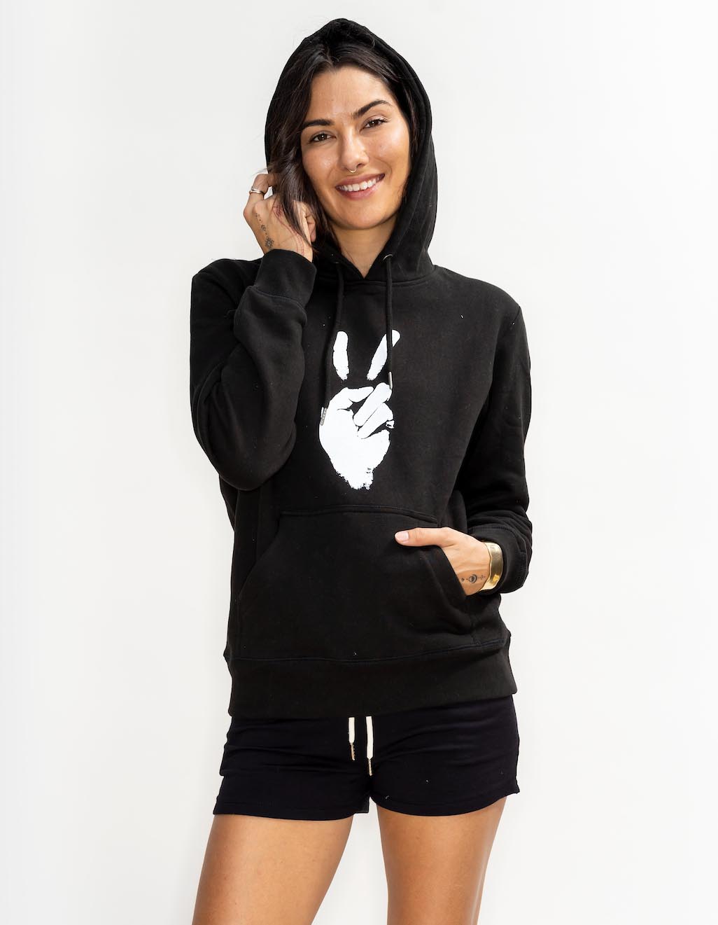 'Peace Sign' Heavyweight Cotton Hooded Sweatshirt - Black